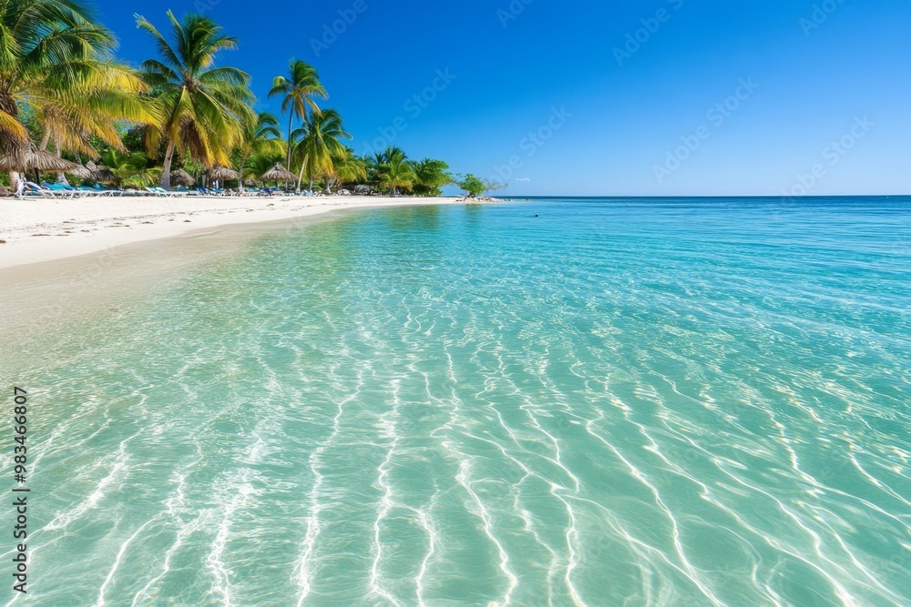 Fototapeta premium A tropical beach with crystal clear water, palm trees, and white sand, symbolizing the perfect summer getaway