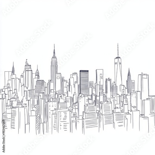 Hand-drawn City Skyline Illustration in Black and White