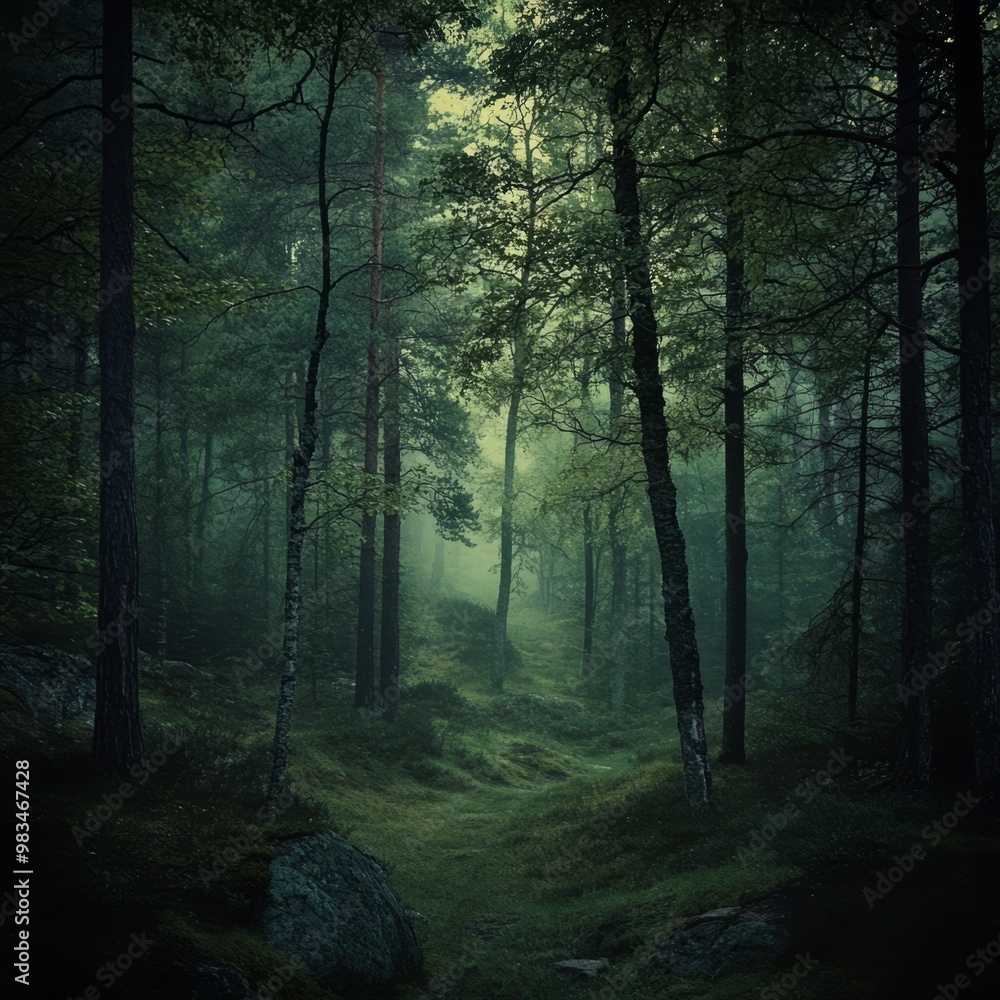Fototapeta premium Enchanted Forest Pathway in Soft Green Light