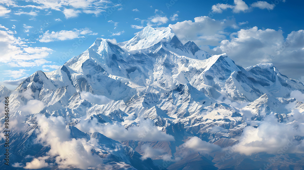 Fototapeta premium Snowy mountain peaks rise above a sea of clouds on a bright, sunny day.