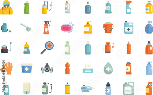 Scientist is wearing a hazmat suit and holding a spray bottle, surrounded by icons of disinfectants, sanitizers, antiseptics, and cleaning supplies