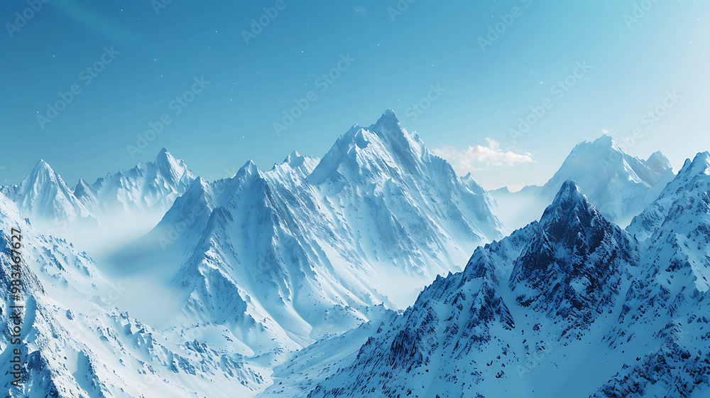 Fototapeta premium A majestic mountain range covered in snow with a blue sky above.
