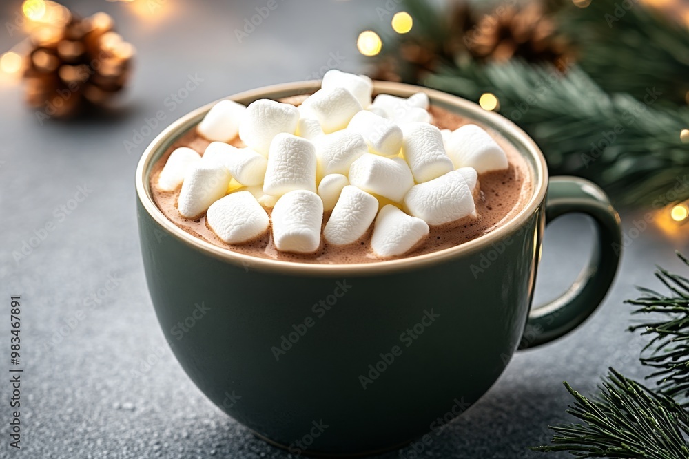 A warm cup of hot cocoa, topped with marshmallows and whipped cream, looking cozy and sweet A warm cup of hot cocoa, topped with marshmallows and whipped cream, looking cozy and sweet