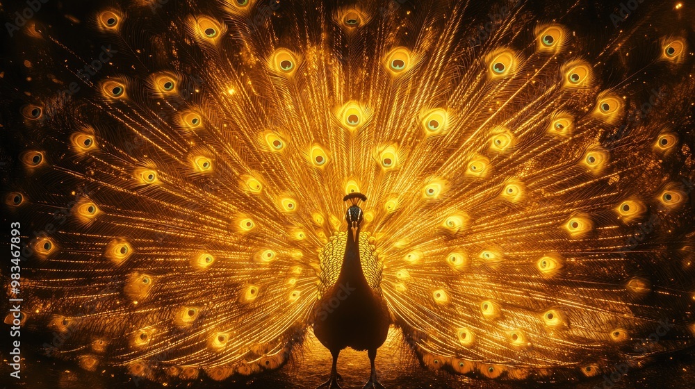 Obraz premium Stunning golden peacock in full feather display, glowing elegantly against a rich dark background, creating a regal and luxurious scene