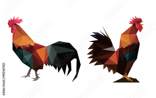 Rooster Animal Set in low poly polygonal.  Rooster Icon in abstract set. Vector of rooster collection.eps