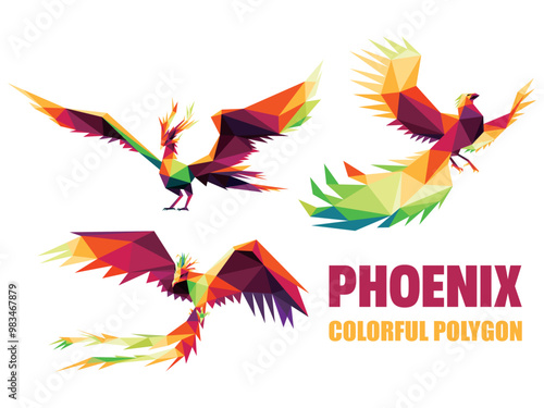Phoenix Colorful Polygon vector Set. Flying Phoenix Colorful Logo illustration. Colorful phoenix Bird Logo