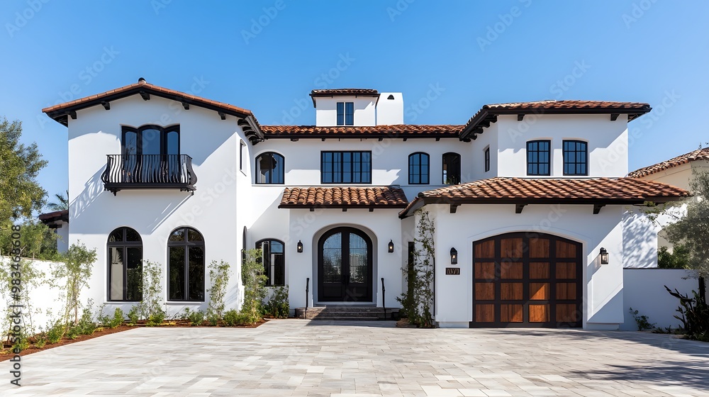 front view of beautiful white and black Spanish style home with dark brown accents, paver driveway, cinematic, Nikon D850 camera front view of beautiful white and black Spanish style home with dark brown accents, paver driveway, cinematic, Nikon D850 camera