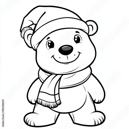 Cute Polar Bear in Christmas Hat Coloring Page