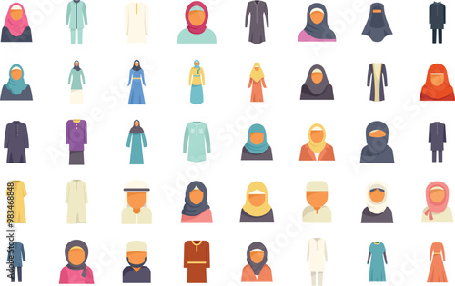 Large collection of people wearing traditional muslim clothes from different countries around the world