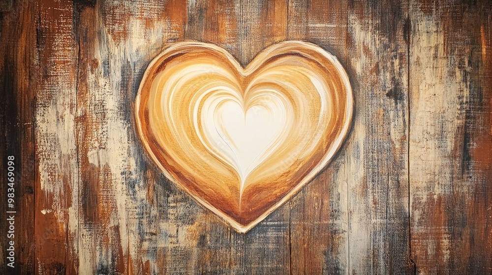 Heart shaped latte art on cappuccino or coffee beautifully showcased against a wooden backdrop Heart shaped latte art on cappuccino or coffee beautifully showcased against a wooden backdrop