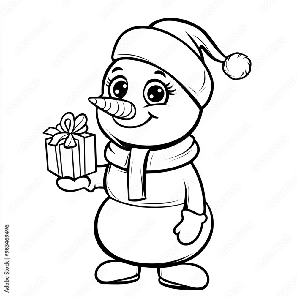 Smiling Snowman Holding Christmas Gift Coloring Page Smiling Snowman Holding Christmas Gift Coloring Page
