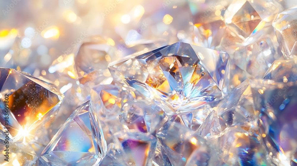 A close-up view of sparkling crystals reflecting light in various colors. A close-up view of sparkling crystals reflecting light in various colors.