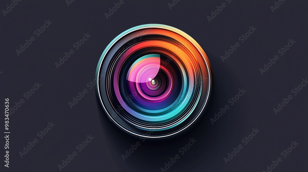 A colorful, camera lens against a dark gray background. A colorful, camera lens against a dark gray background.