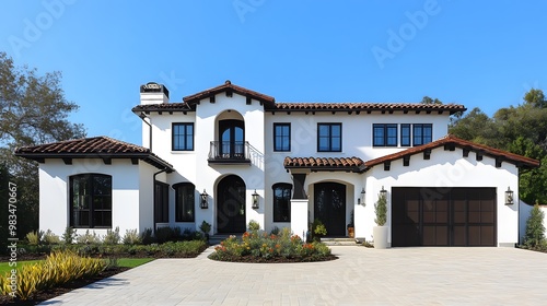 front view of beautiful white and black Spanish style home with dark brown accents, paver driveway, cinematic, Nikon D850 camera