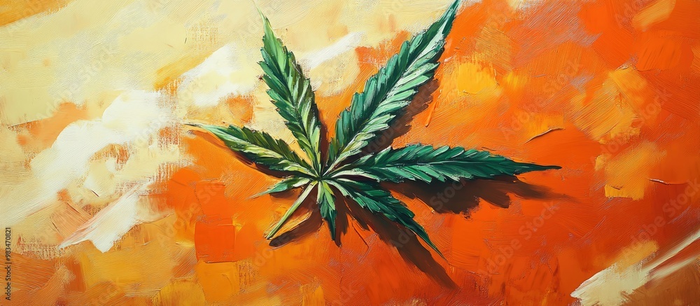 Close up of a large flag with a fresh cannabis leaf symbolizing themes of cultivation and distribution for medicinal purposes Close up of a large flag with a fresh cannabis leaf symbolizing themes of cultivation and distribution for medicinal purposes