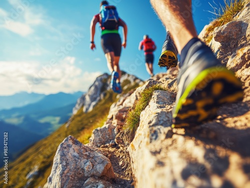 Two athletes are captured running on a rugged mountain path, showcasing the beauty of outdoor adventure and the challenge of rough terrain under a bright blue sky. photo