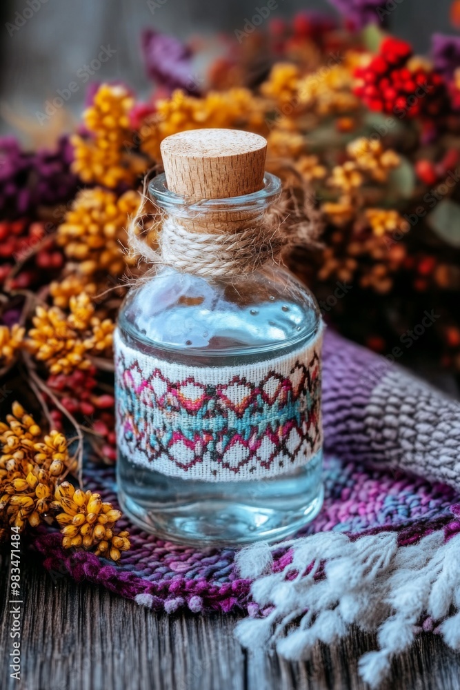 A beautifully crafted glass bottle with a cork stopper, surrounded by vibrant dried flowers and wrapped in intricate, multicolored woven fabric, placed on rustic wooden surface. A beautifully crafted glass bottle with a cork stopper, surrounded by vibrant dried flowers and wrapped in intricate, multicolored woven fabric, placed on rustic wooden surface.
