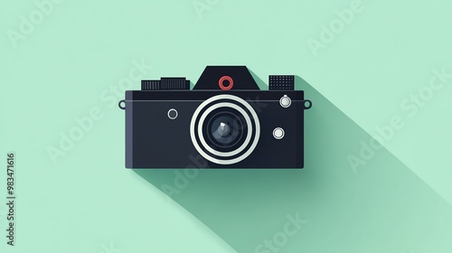 Flat design illustration of a black camera with a long shadow on a mint background.