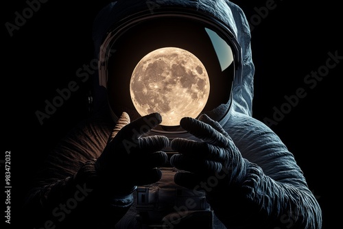 An astronaut wearing a spacesuit holds a large full moon, symbolizing exploration and the mysteries of space. The scene is set against a dark, starless backdrop. photo