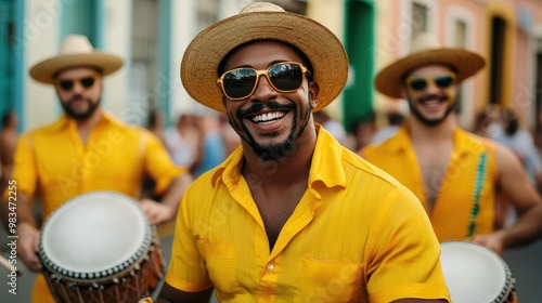 Samba musicians playing at full energy, surrounded by Carnival-goers focus on - The heart of Rio s rhythm - vibrant - Overlay - Street corner backdrop photo