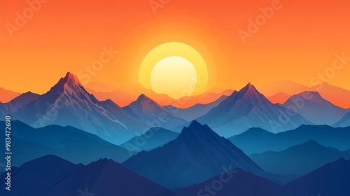 Minimalist illustration of a sun setting behind a mountain range with a bright orange sky.