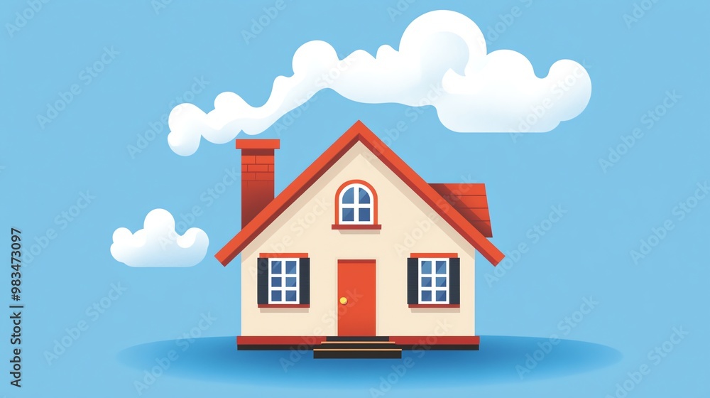 A cartoon style illustration of a house with a red roof and chimney in front of a blue sky with clouds. A cartoon style illustration of a house with a red roof and chimney in front of a blue sky with clouds.
