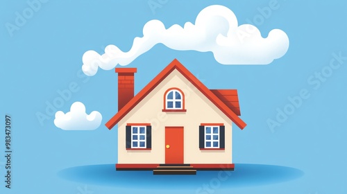 Wallpaper Mural A cartoon style illustration of a house with a red roof and chimney in front of a blue sky with clouds. Torontodigital.ca