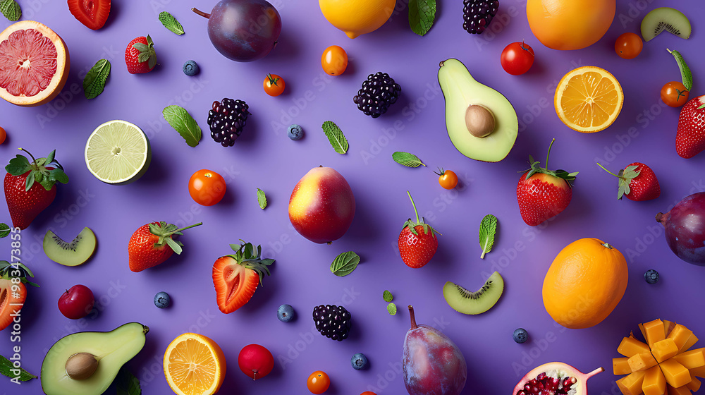 A colorful flat lay of fresh fruit, on a purple background.