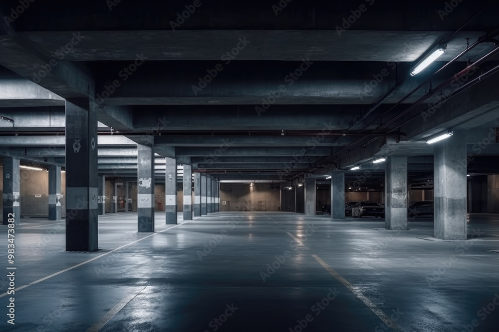 An empty underground parking garage features concrete pillars and dimly lit atmosphere, illustrating a quiet, deserted space during evening An empty underground parking garage features concrete pillars and dimly lit atmosphere, illustrating a quiet, deserted space during evening