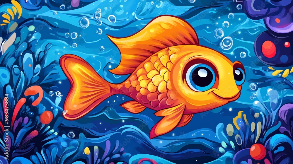A cute goldfish with big eyes swims among colorful coral in a blue ocean. A cute goldfish with big eyes swims among colorful coral in a blue ocean.