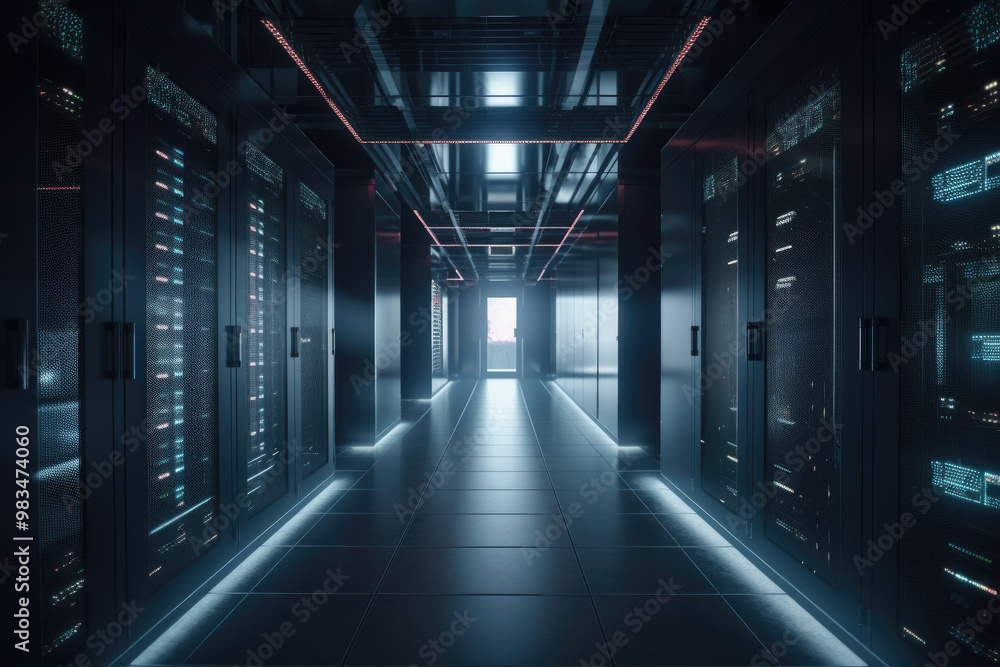 A sleek, modern corridor within a data center, featuring rows of dark server racks illuminated by soft blue lights A sleek, modern corridor within a data center, featuring rows of dark server racks illuminated by soft blue lights