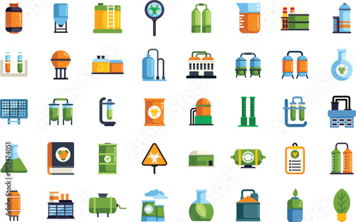 This icon set represents the biofuel production process, showcasing renewable energy sources and eco friendly technologies