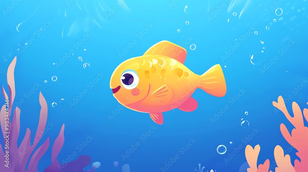 Naklejka premium Cute yellow fish cartoon illustration swimming in blue water with pink coral.