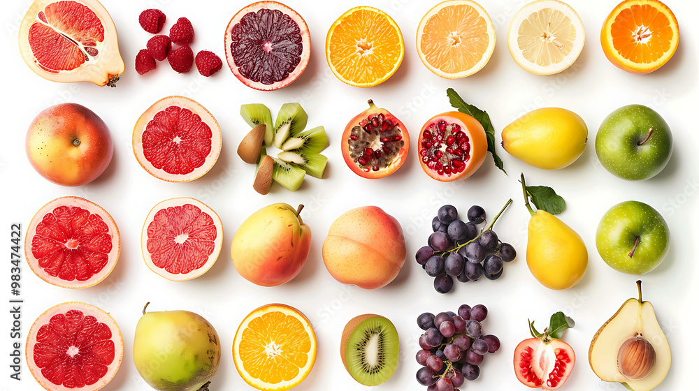A variety of fresh fruits arranged in rows on a white background. A variety of fresh fruits arranged in rows on a white background.