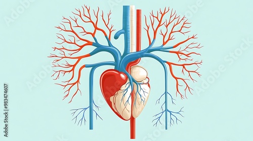 Human circulatory system, heart pumping blood through arteries and veins, flat design illustration photo