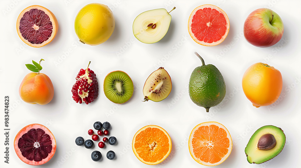 An assortment of fresh fruit, some whole, some cut in half, arranged in rows on a white background. An assortment of fresh fruit, some whole, some cut in half, arranged in rows on a white background.