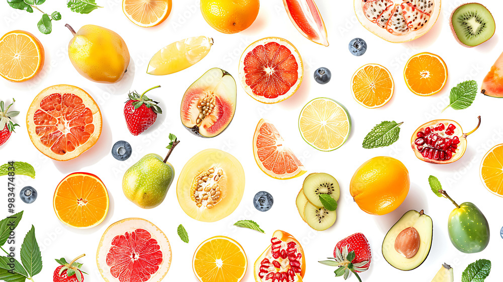 Assortment of fresh fruits and berries on a white background. Assortment of fresh fruits and berries on a white background.