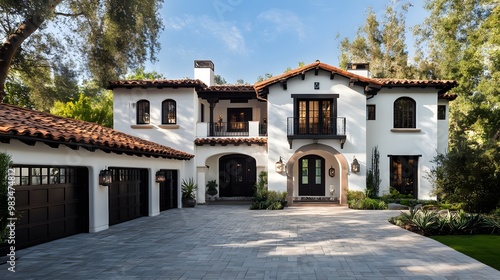 front view of beautiful white and black Spanish style home with dark brown accents, paver driveway, cinematic, Nikon D850 camera