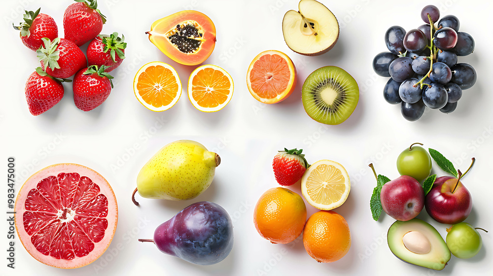 Fresh fruits arranged in rows on a white background. Fresh fruits arranged in rows on a white background.