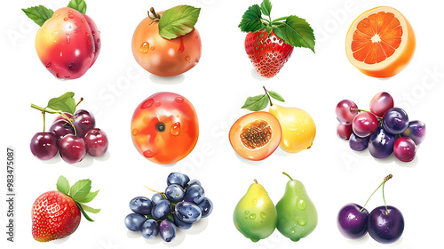 A collection of various fruits like strawberries, cherries, grapes, and pears. photo