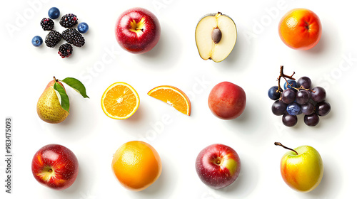 A variety of fresh fruits, including apples, oranges, pears, grapes, and berries, arranged in rows on a white background.