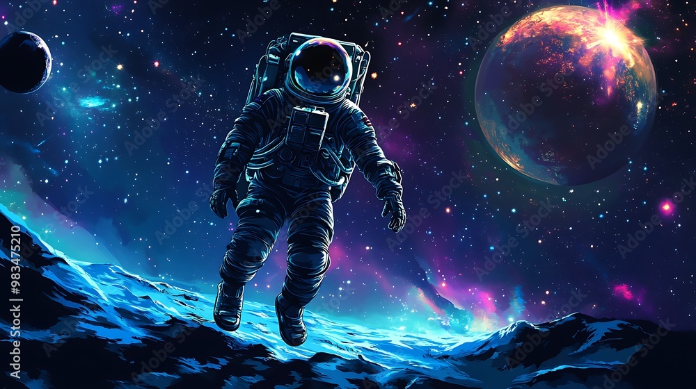 Astronaut floating in a vibrant cosmic landscape with planets and stars. Astronaut floating in a vibrant cosmic landscape with planets and stars.