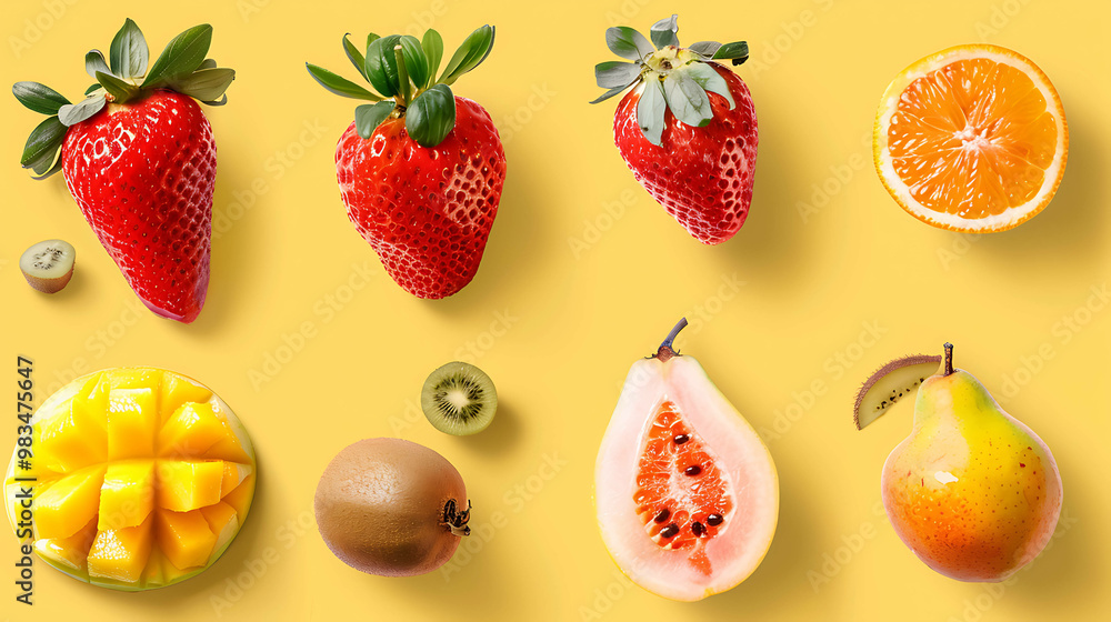 A flat lay of fresh fruit on a yellow background. A flat lay of fresh fruit on a yellow background.
