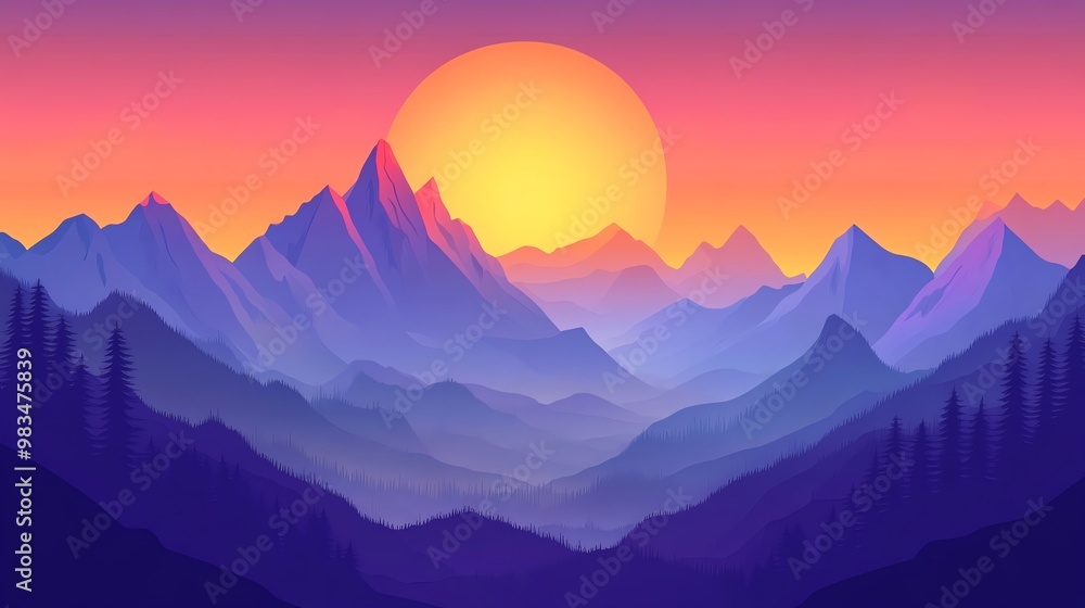 Obraz premium A stylized, digital illustration of mountain ranges with a large sun in the background.