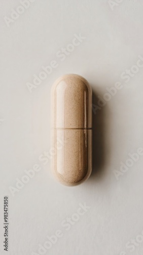 A solitary beige capsule standing upright on a white surface