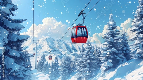 illustration CABLE CARS SWING over a snow mountain photo