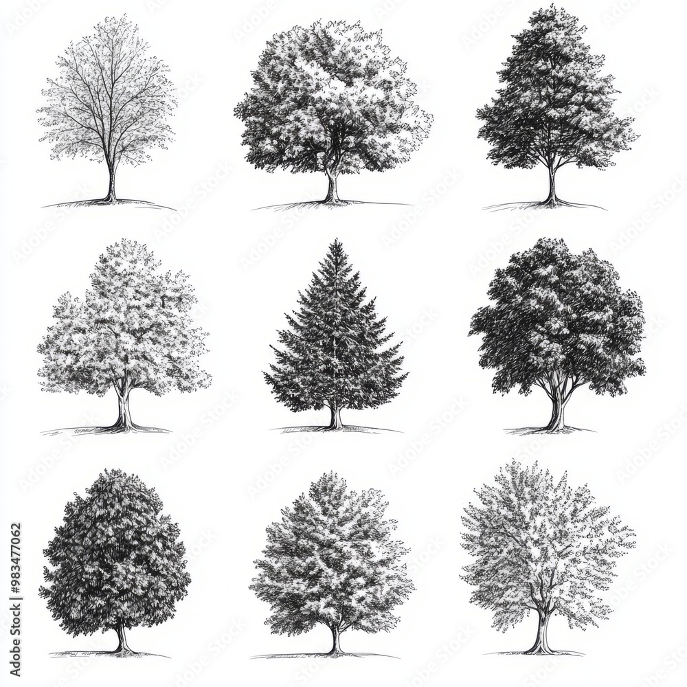 Diverse Tree Illustrations in Black and White Diverse Tree Illustrations in Black and White