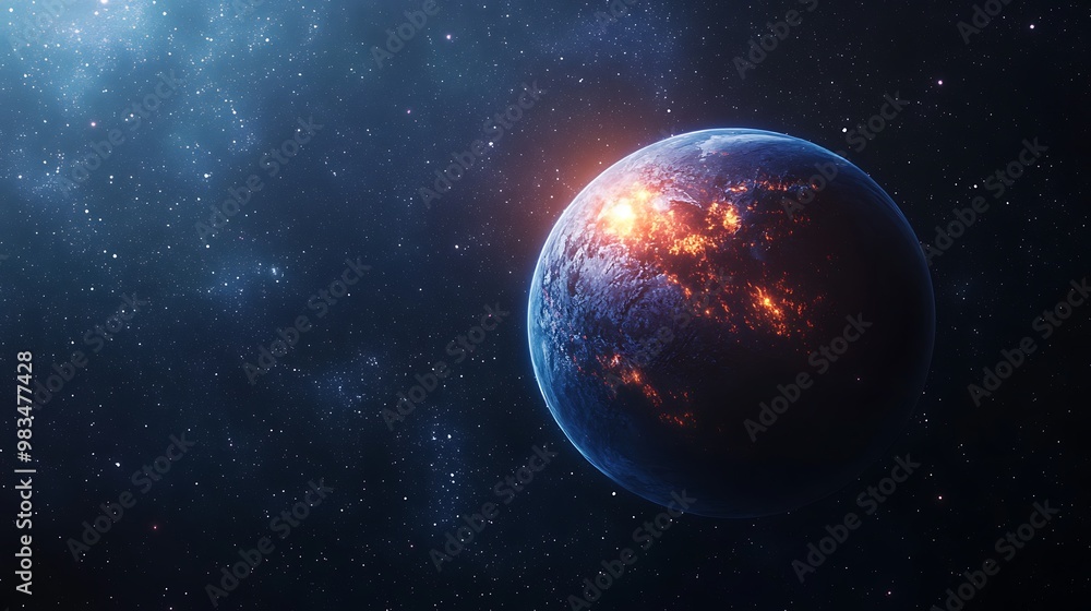 Obraz premium A vibrant planet in space, showcasing fiery activity and cosmic surroundings.