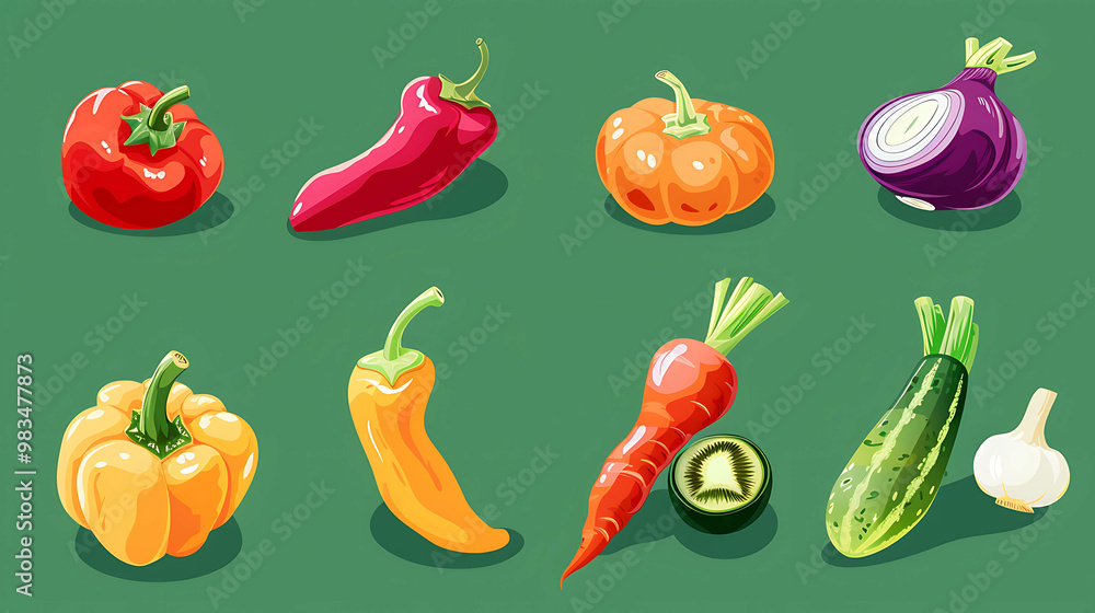 Fototapeta premium Cartoon vegetables on a green background.