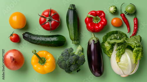 Flatlay of fresh vegetables on a green background.